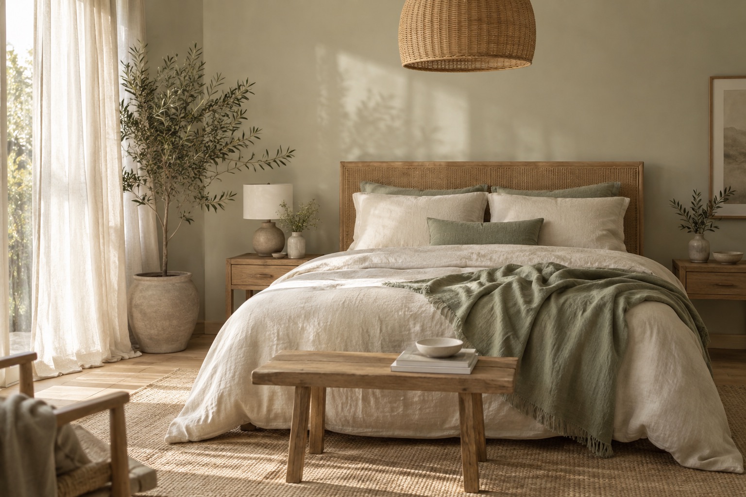 Serene bedroom in sage and cream tones