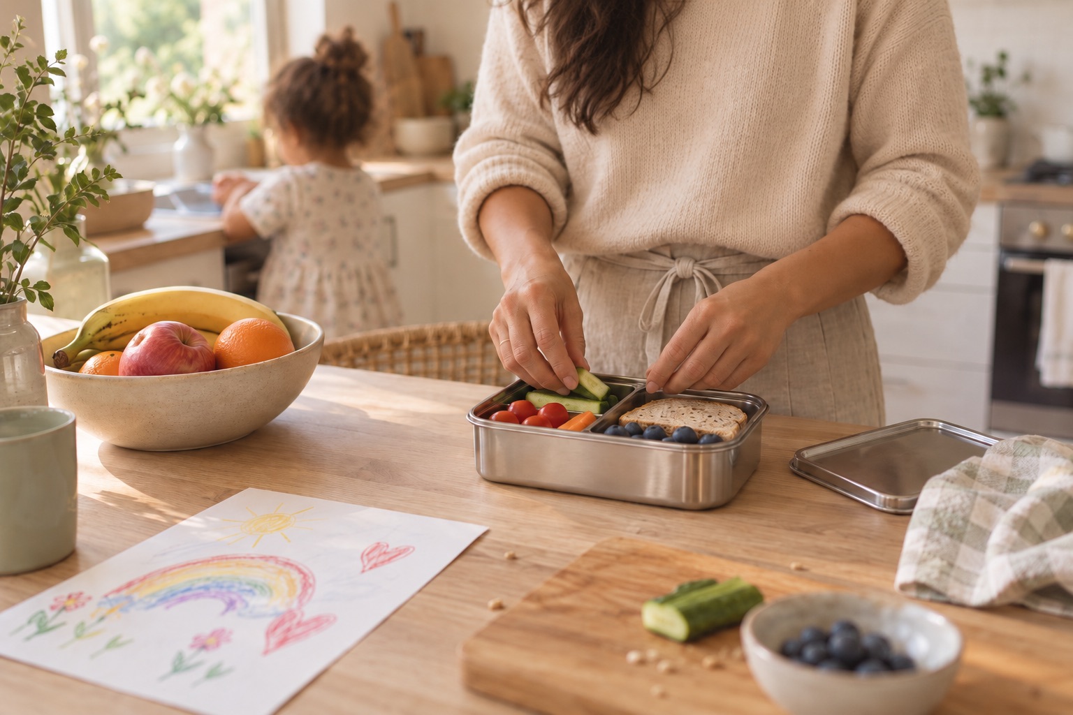 Bright family kitchen with a tidy counter