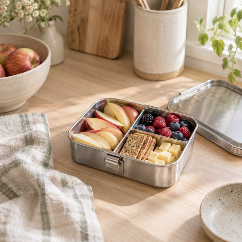 Bento box with fruit and crackers on a kitchen counter