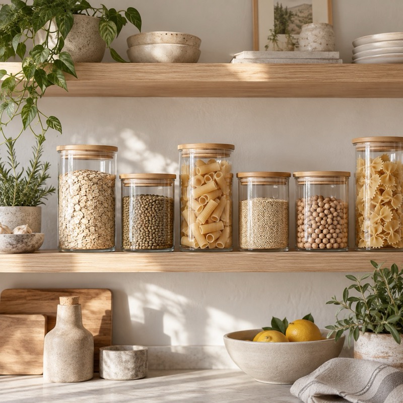 Glass jars of oats and lentils on an open shelf