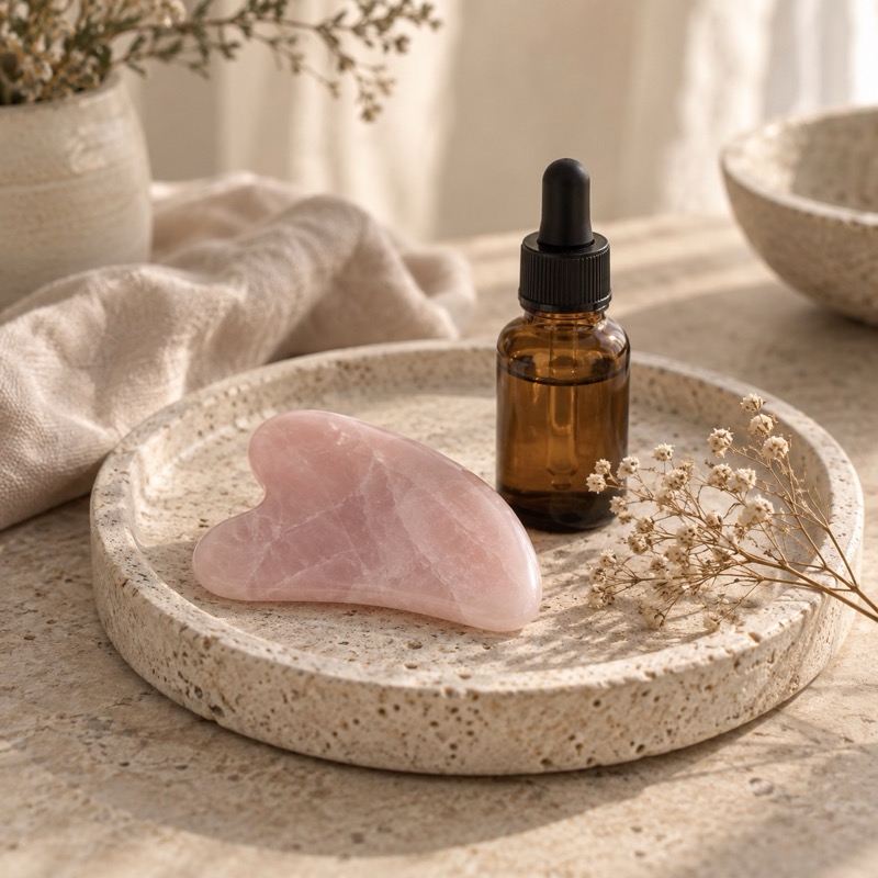 Pale pink stone tool resting beside an amber oil bottle