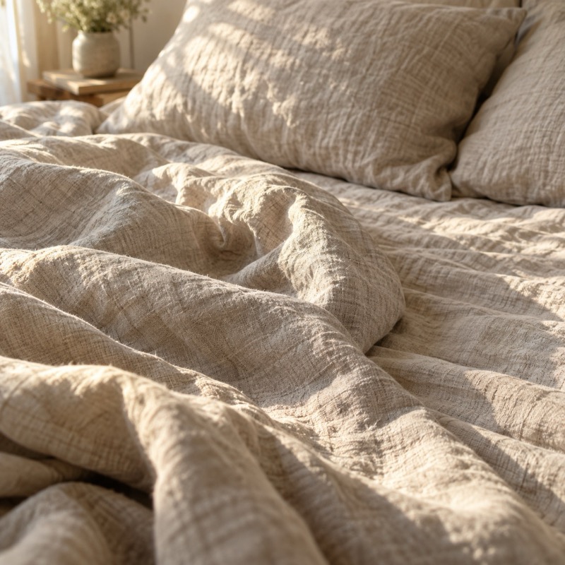 Oatmeal linen sheets on an unmade bed