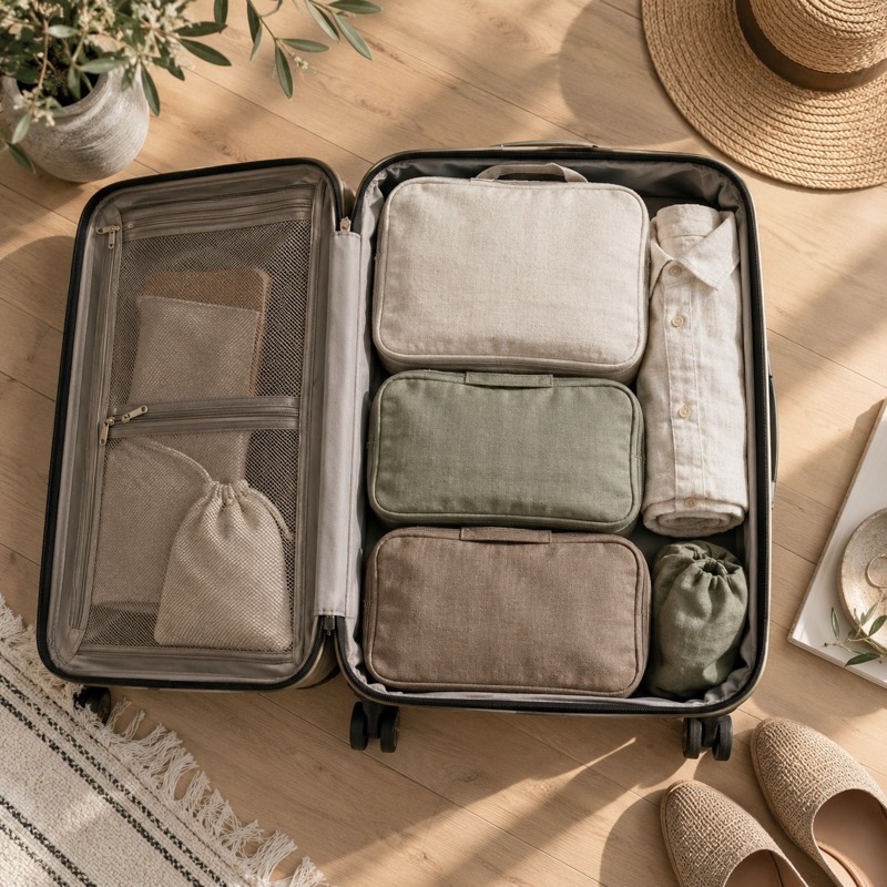 Neutral packing cubes inside an open suitcase