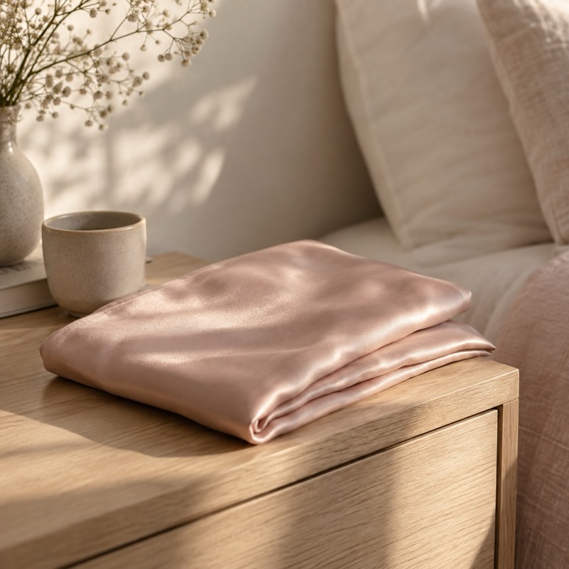 Blush silk pillowcase folded on a nightstand