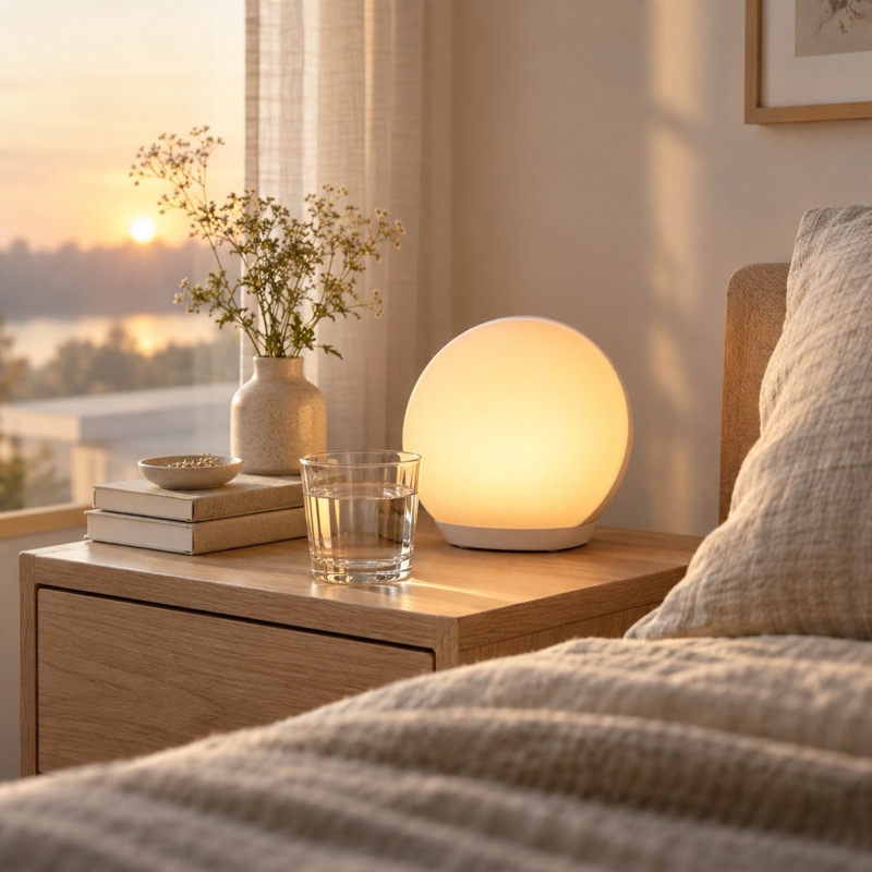 Soft glowing lamp on a bedside table at dawn
