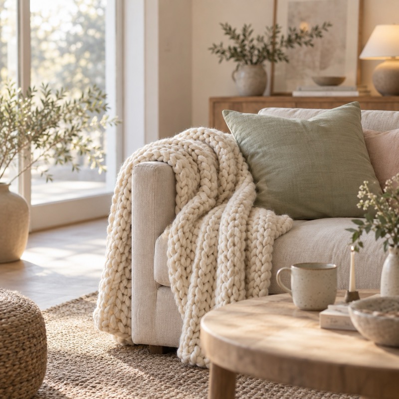 Chunky cream knit blanket draped over a sofa