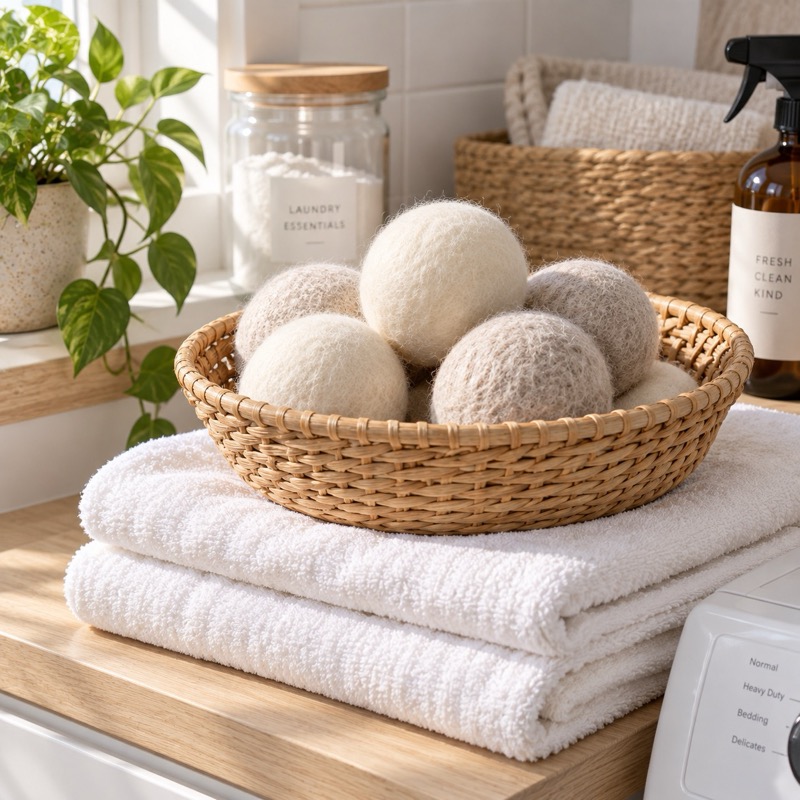 Undyed wool dryer balls in a woven basket