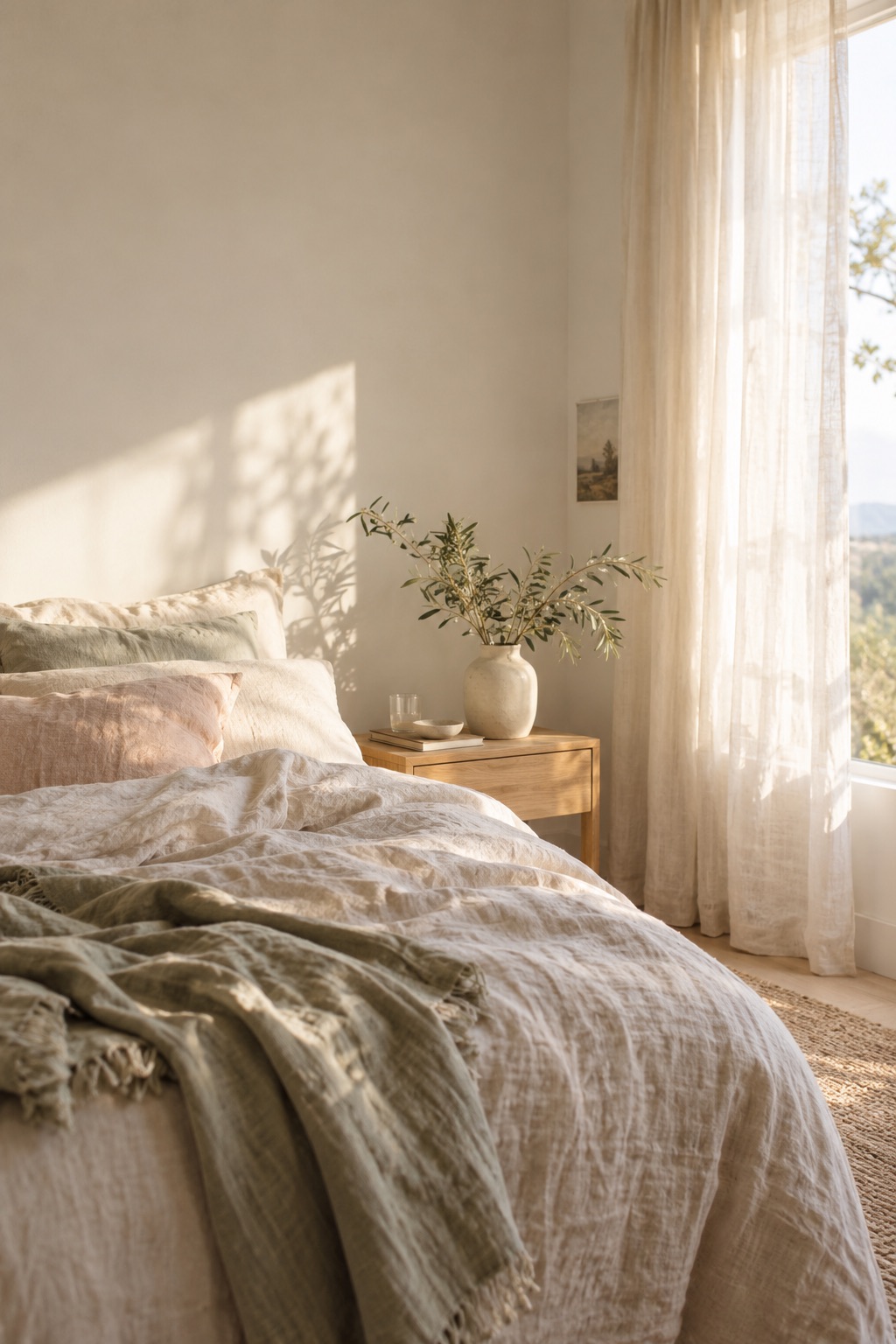 Sunlit bedroom with linen bedding and a ceramic vase of greenery
