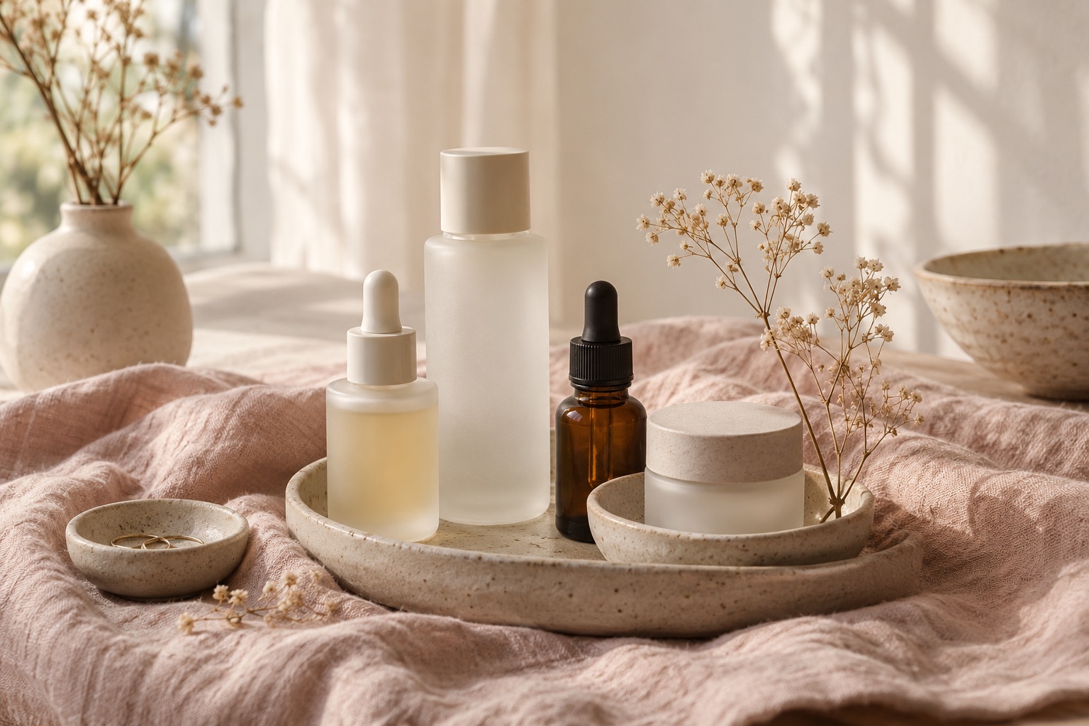 Ceramic dishes holding skincare bottles on a linen cloth