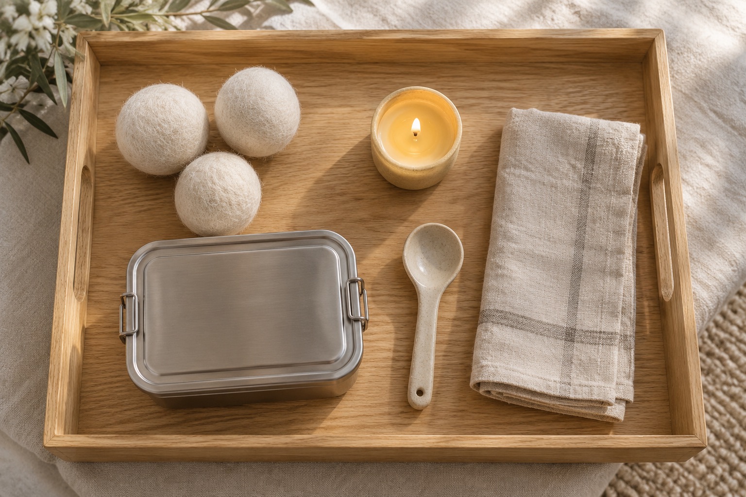 Small curated objects arranged on a wooden tray
