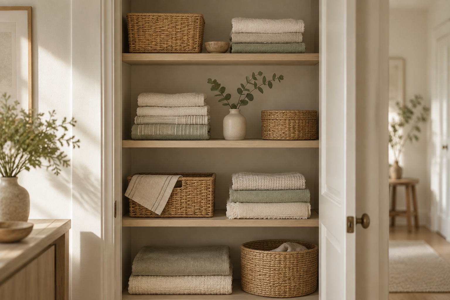 Tidy linen closet with woven baskets