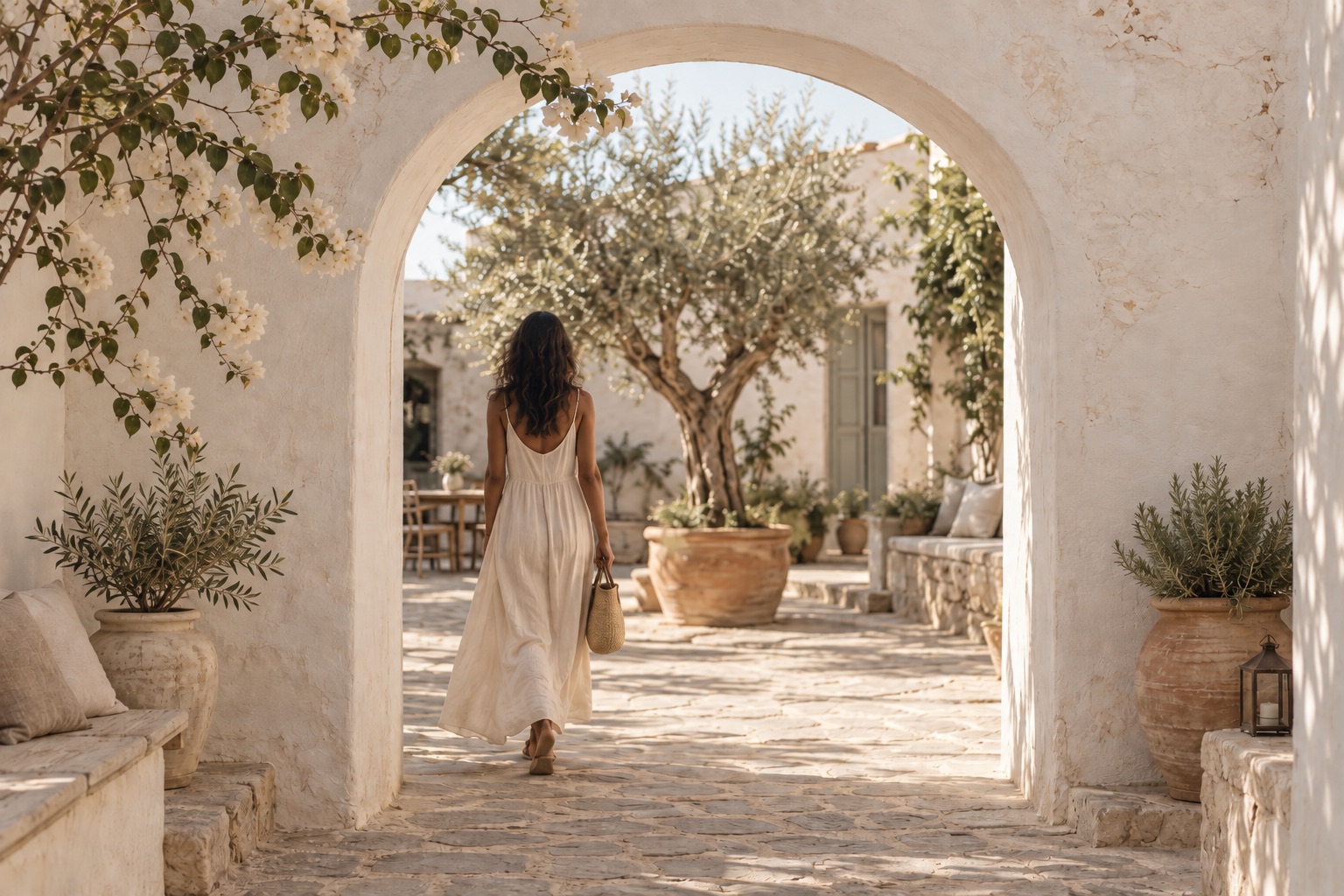 Whitewashed archway opening to a quiet courtyard