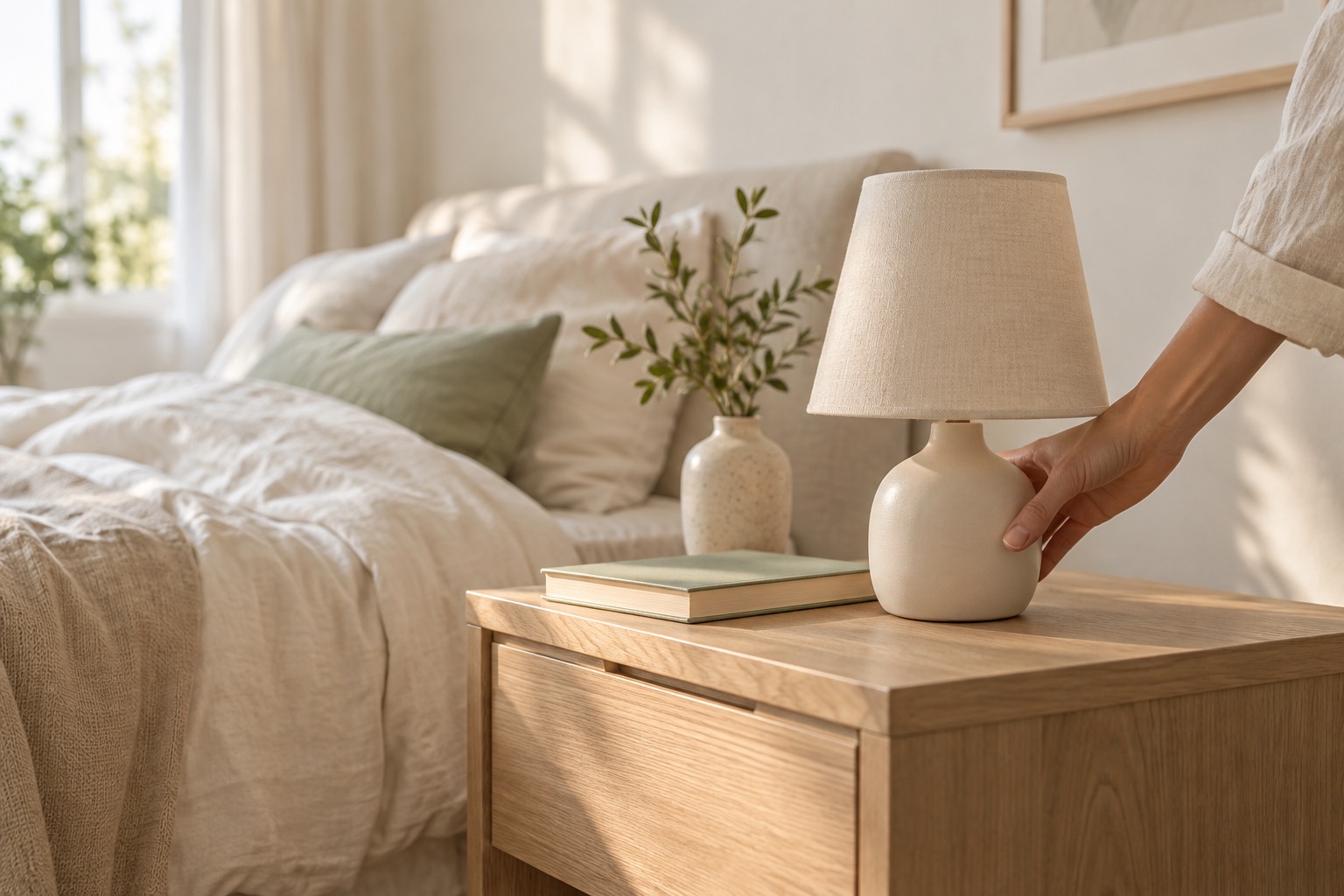 Calm bedroom with linen bedding in soft morning light
