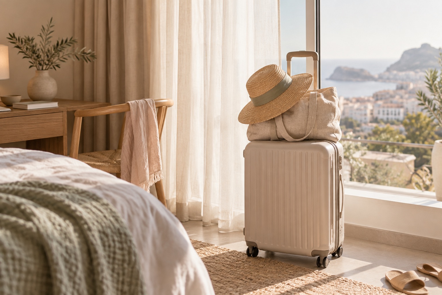 Carry-on suitcase by a sunny hotel window