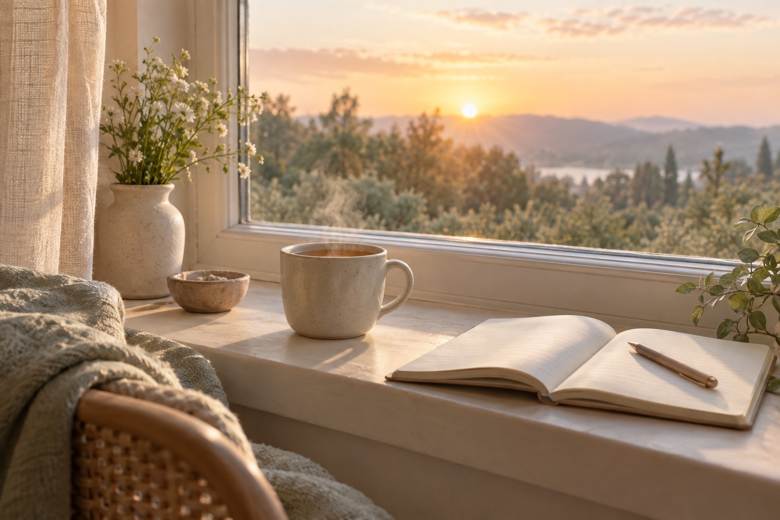Mug of tea on a windowsill at sunrise