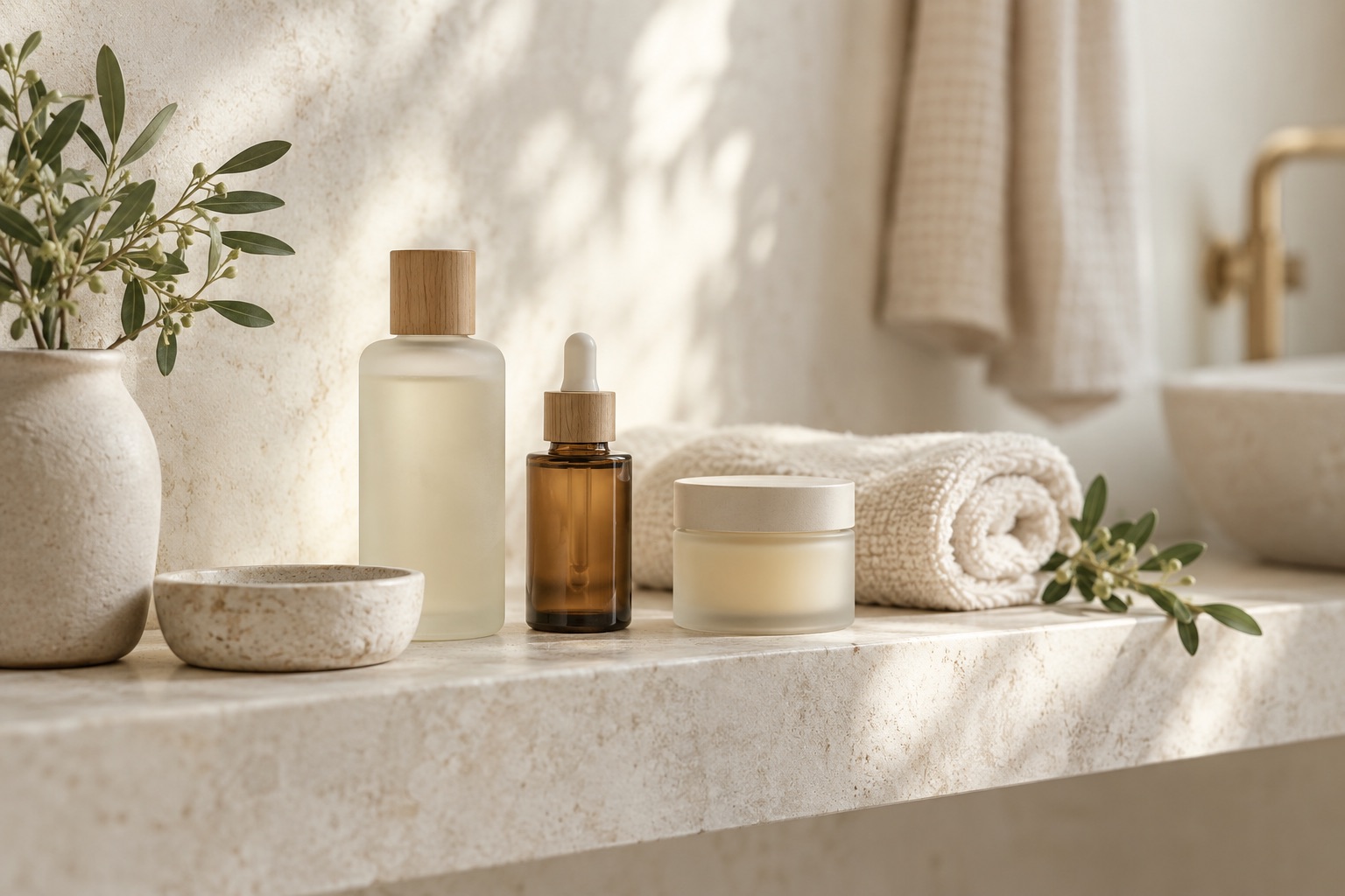 Minimal skincare bottles on a stone tray